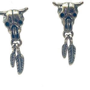 Vintage Silver Tone Bull Cow Skull Earrings with Feather Charms